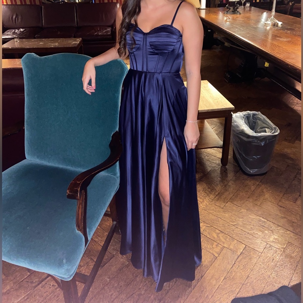 Elegant Navy Blue Satin Gown with Slit